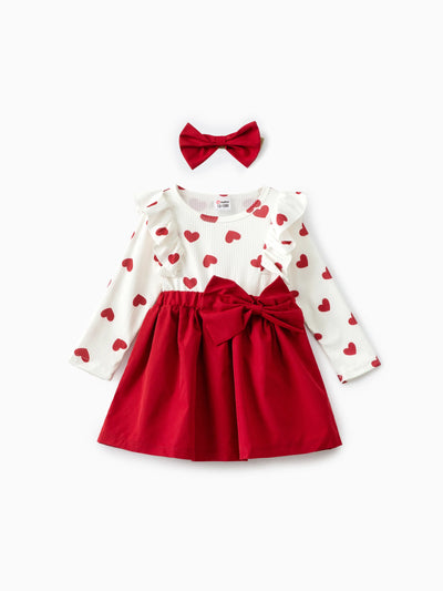 2pcs Baby Girl Heart-shaped and Bow Dress Set Red
