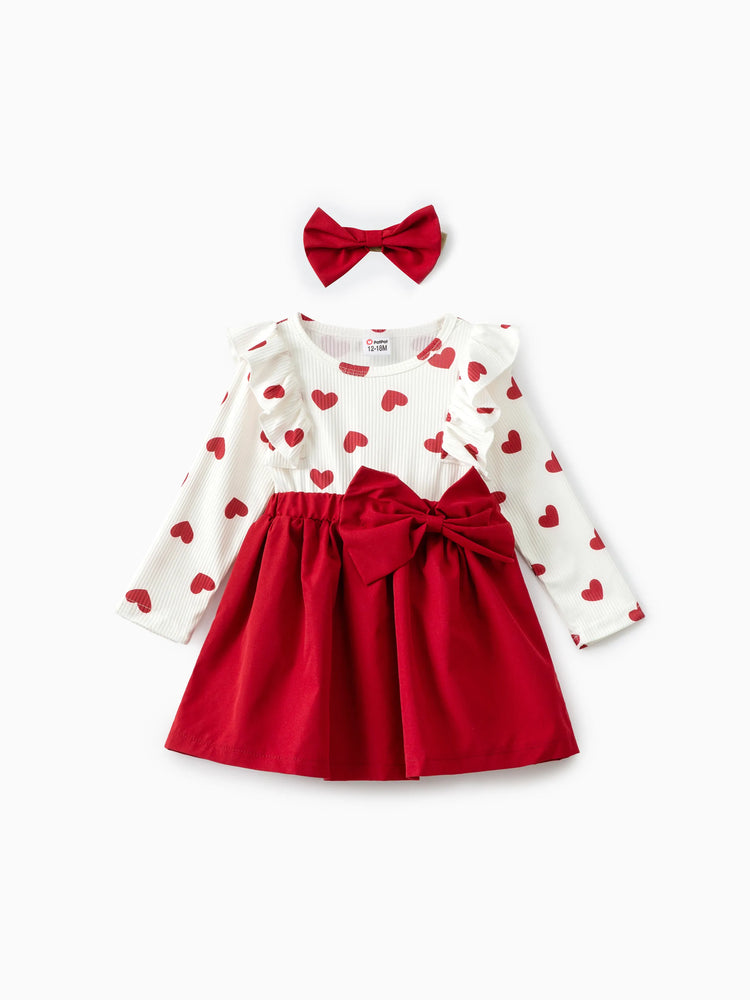 2pcs Baby Girl Heart-shaped and Bow Dress Set Red