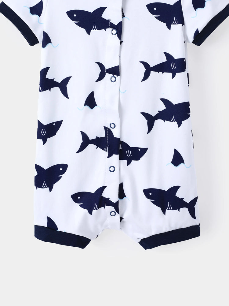 Baby Boy Print/Striped Short-sleeve Snap Romper Dark Blue+white