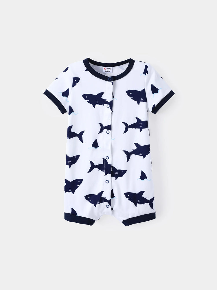 Baby Boy Print/Striped Short-sleeve Snap Romper Dark Blue+white