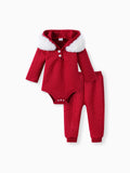 Ensemble 2 pièces bébé garçon/fille avec barboteuse à capuche texturée et pantalon rouge