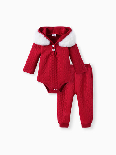 Ensemble 2 pièces bébé garçon/fille avec barboteuse à capuche texturée et pantalon rouge