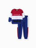 2pcs Toddler Boy Trendy Letter Print Colorblock Sweatshirt and Pants Set Blue