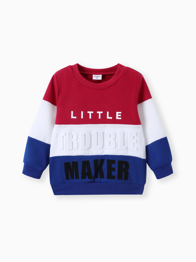 2pcs Toddler Boy Trendy Letter Print Colorblock Sweatshirt and Pants Set Blue