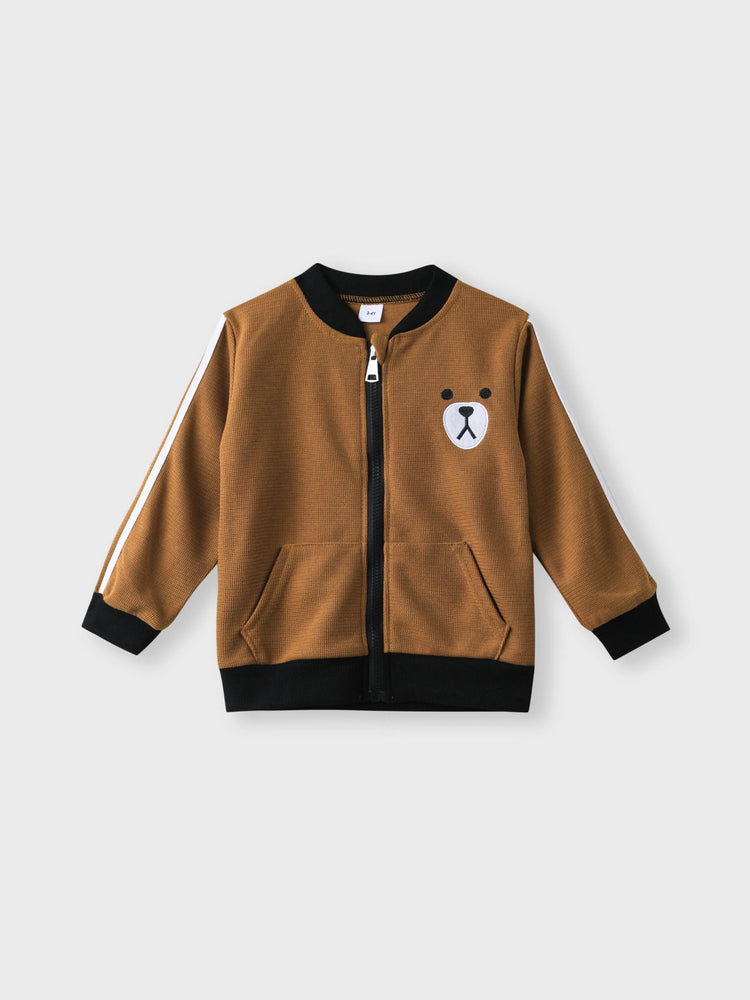 3-teilige Kind Junger Brief Bärendruck weißer Langarm-T-Shirt, Bomberjacke und elastische Hose Set khaki