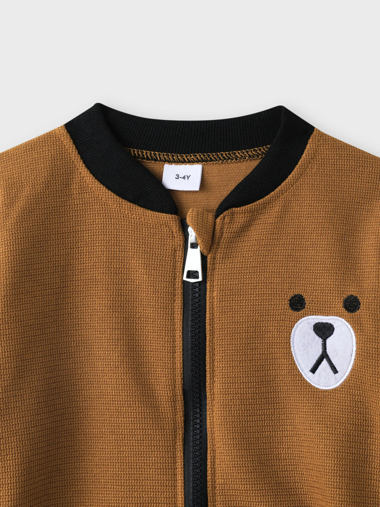 3-teilige Kind Junger Brief Bärendruck weißer Langarm-T-Shirt, Bomberjacke und elastische Hose Set khaki