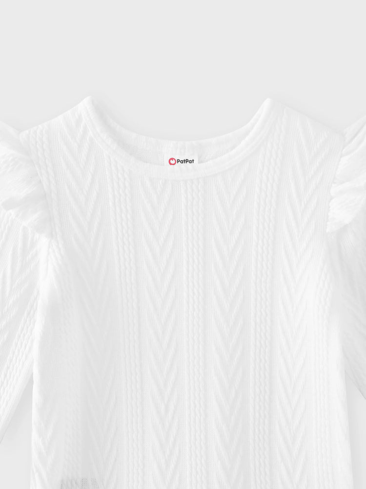 Baby Girl Outfits 3-piece Ruffled Cable Knit Textured White Sweater, Button Design Brown Skirt and Headband Set Brown