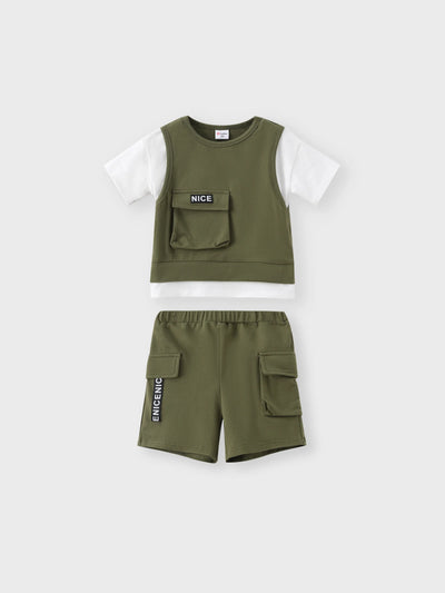 2pcs Toddler Boy Trendy Patch Pocket Short-sleeve Cotton Top and Cargo Shorts Set Army green