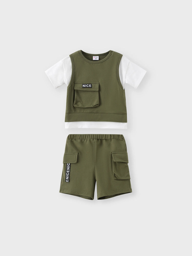 Ensemble 2 pièces pour tout-petit garçon, haut à manches courtes en coton avec poches plaquées et short cargo, vert armée