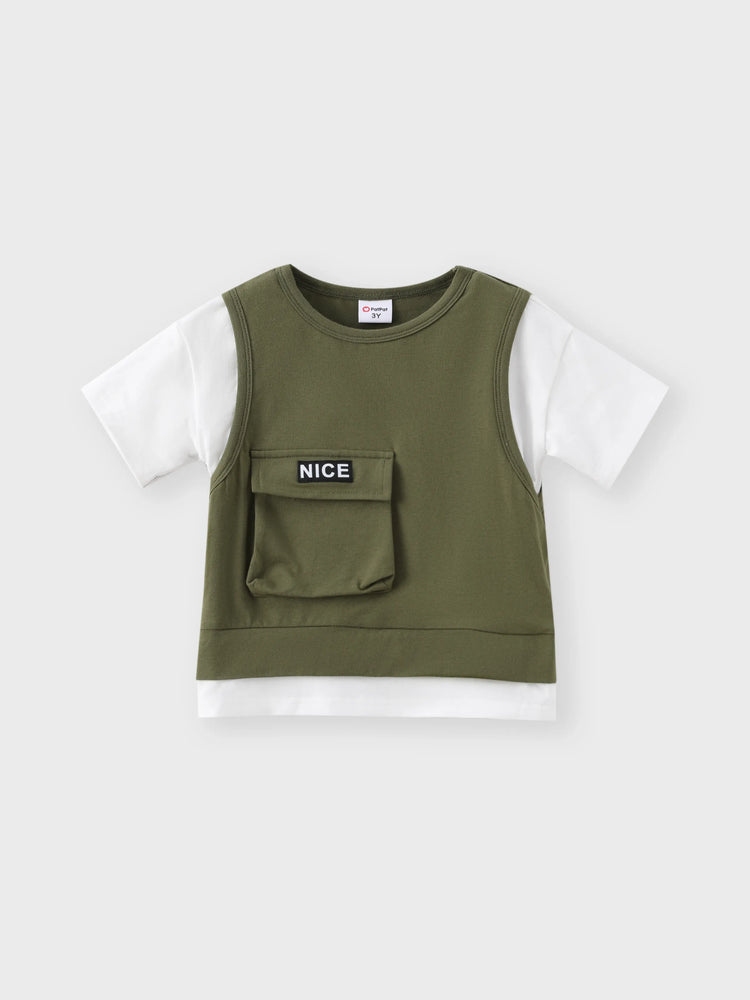 Ensemble 2 pièces pour tout-petit garçon, haut à manches courtes en coton avec poches plaquées et short cargo, vert armée