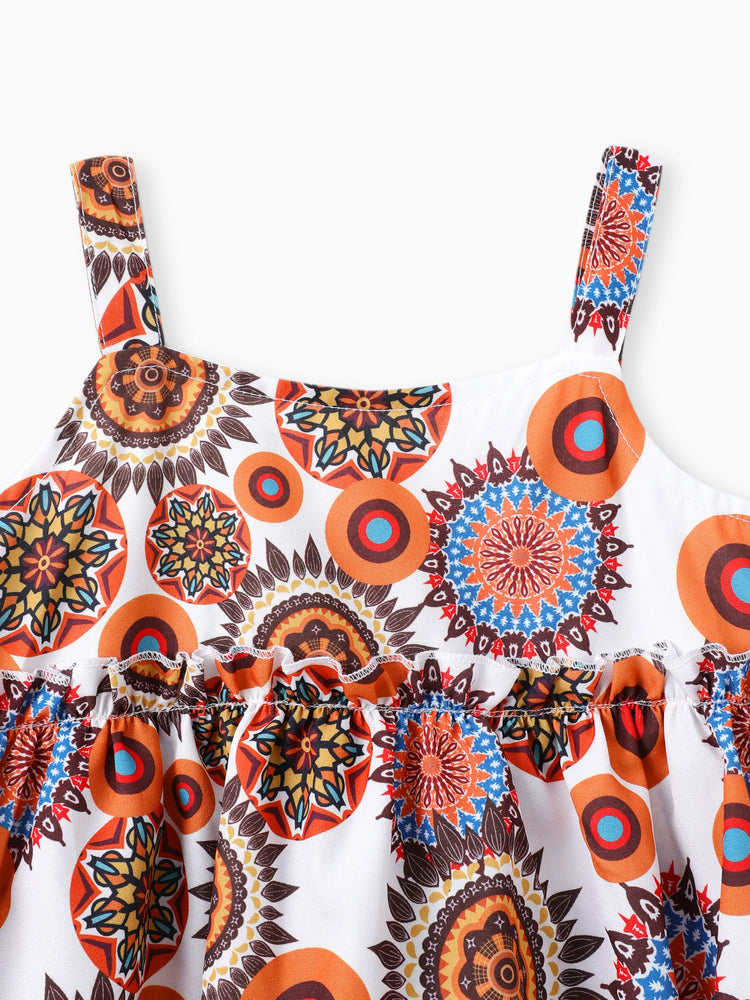 Ensemble 2 pièces pour petite fille, short en jean déchiré style bohème et caraco à imprimé exotique, multicolore