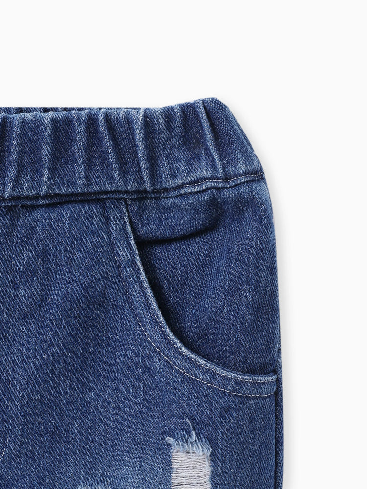 Ensemble 2 pièces pour petite fille, short en jean déchiré style bohème et caraco à imprimé exotique, multicolore