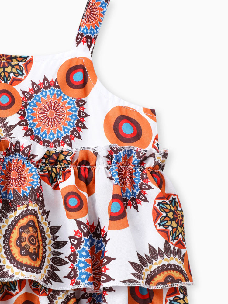 Ensemble 2 pièces pour petite fille, short en jean déchiré style bohème et caraco à imprimé exotique, multicolore