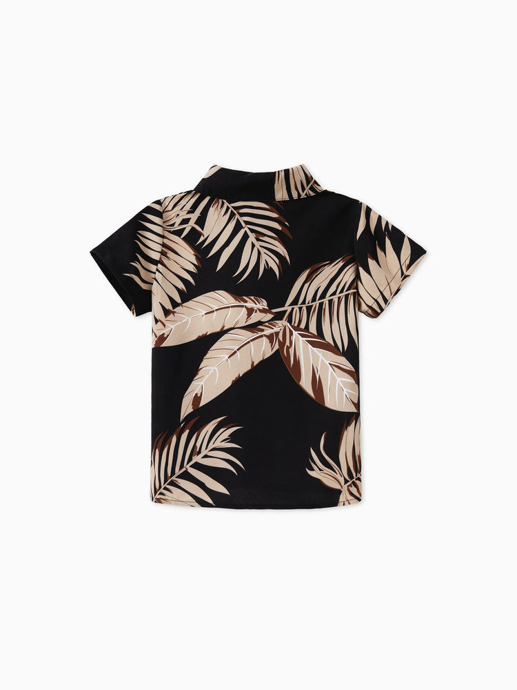 Daddy and Me Family Matching Solid Leaf Sleeveless Halter Dresses And Short Sleeve Tops Sets Black