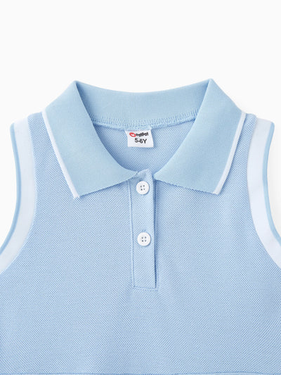 Vestido informal de color liso para niña, cuello camisero, tejido de poliéster y elastano, 1 pieza, azul claro