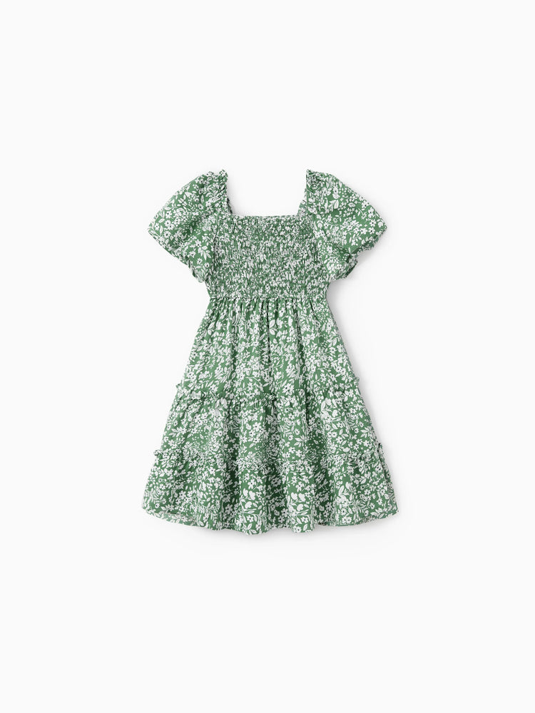 Elegant Broken Flower Matching Outfits for Family, Smocking Design, Medium Thickness Green
