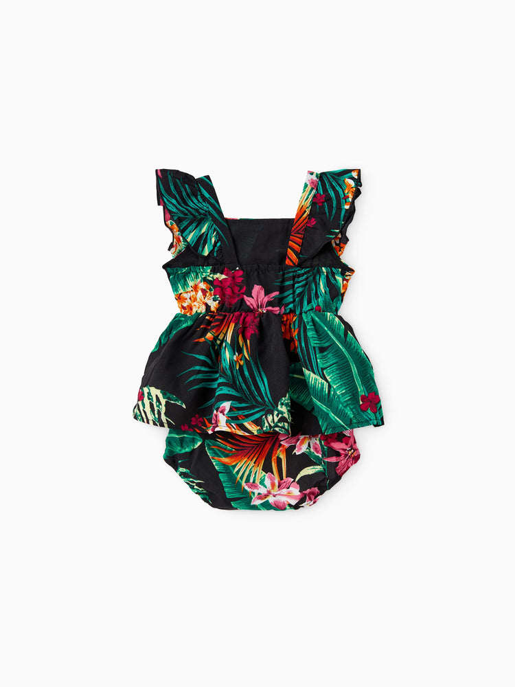 Mommy and Me Family Matching Allover Plant Floral Print Halterneck Dresses and Short-sleeve Shirts Sets Black