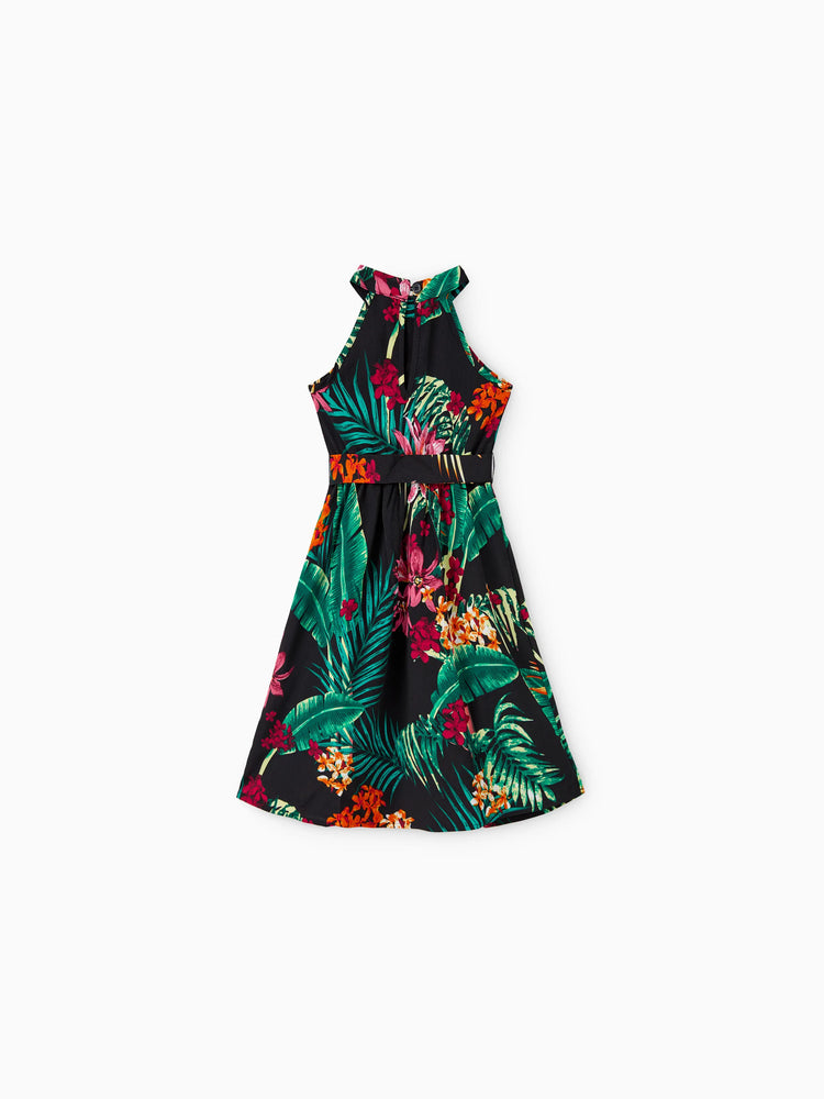 Ensembles assortis pour toute la famille : robes dos nu à imprimé floral et chemises à manches courtes, noir