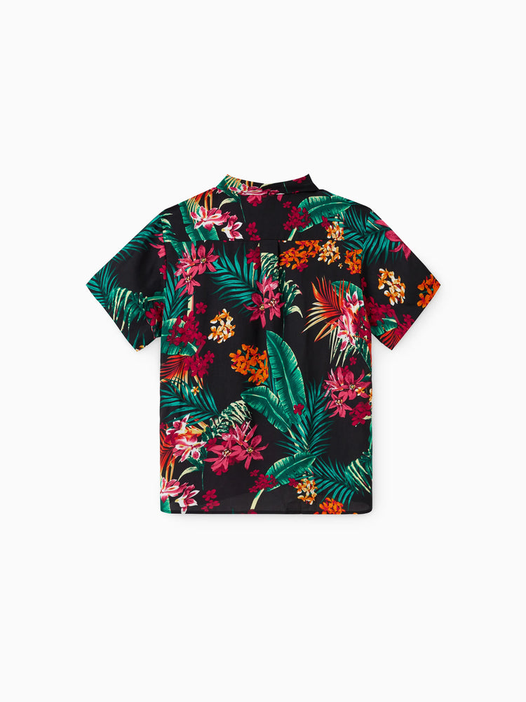 Ensembles assortis pour toute la famille : robes dos nu à imprimé floral et chemises à manches courtes, noir