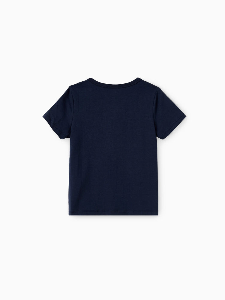 Daddy and Me Family Matching Sets Floral Panel Black tee and V-neck Strap Dress with Hidden Snap  Deep Blue