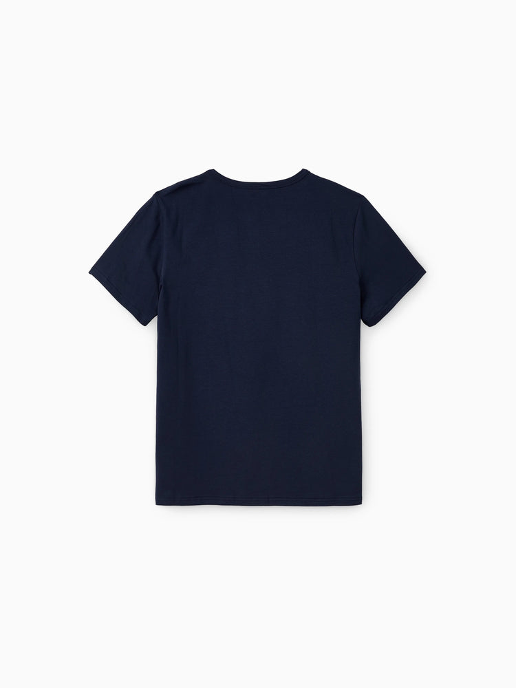 Daddy and Me Family Matching Sets Floral Panel Black tee and V-neck Strap Dress with Hidden Snap  Deep Blue