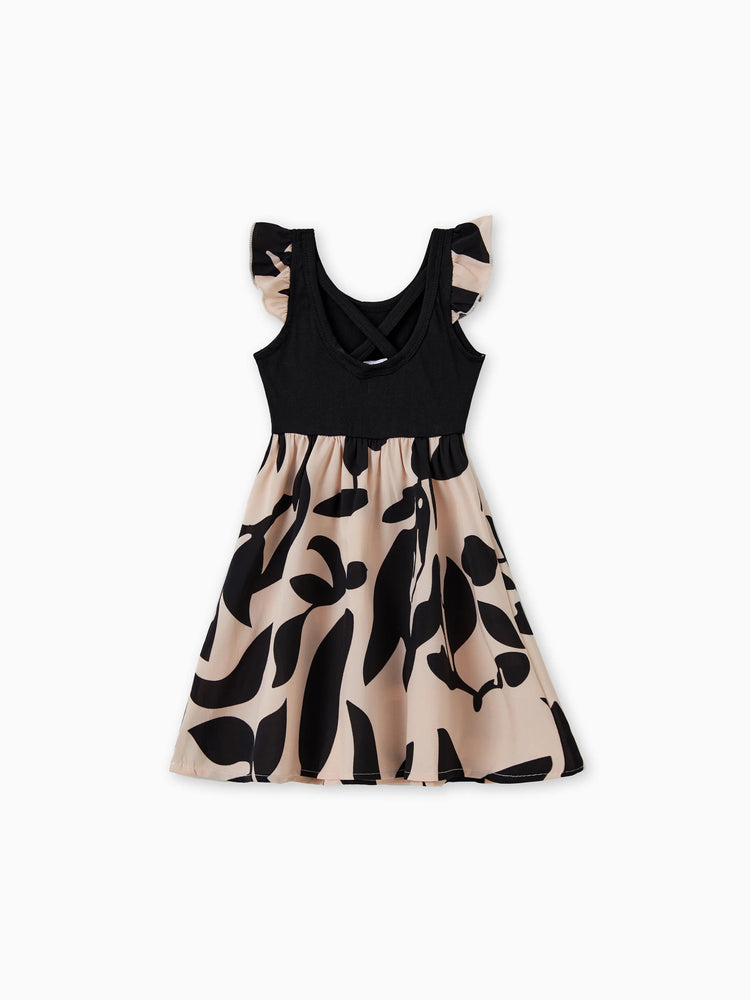 Daddy & Daughter Cross Back Floral Strap Dress and Colorblock Top Sets Black