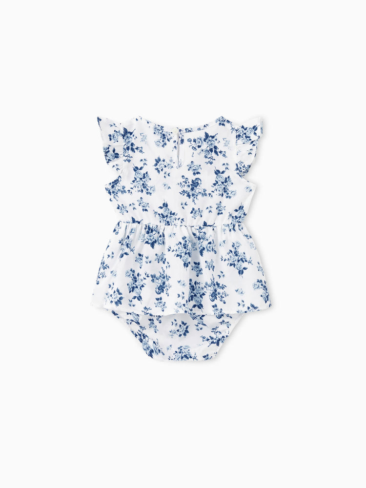 Mommy & me Outfit: Floral Smocking Casual Suit BLUEWHITE