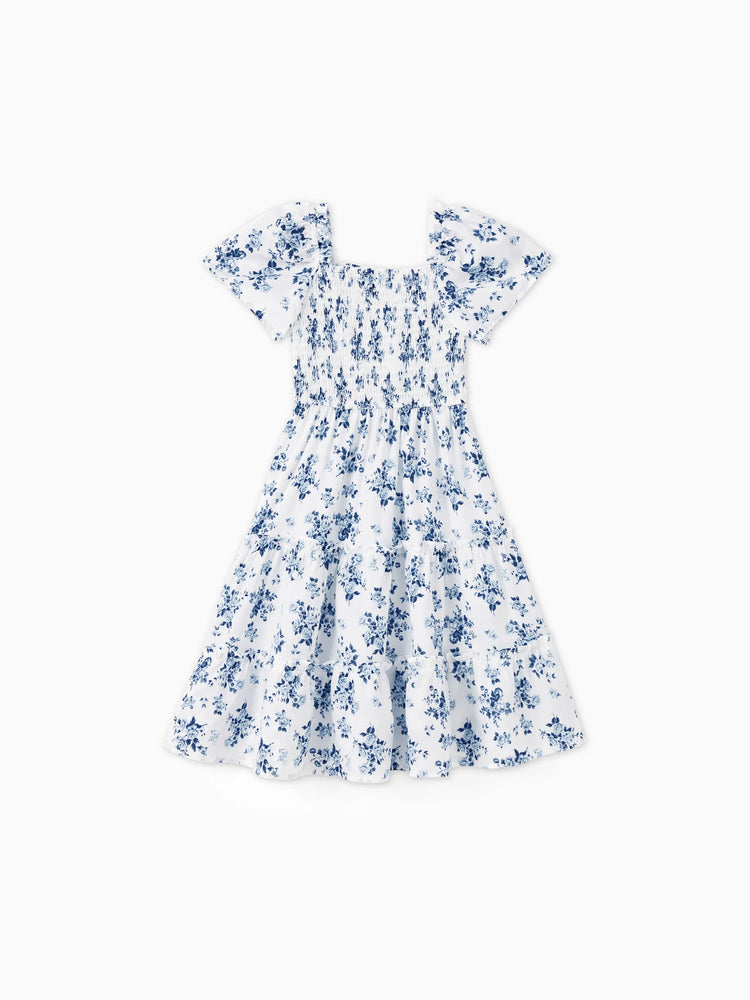 Daddy & Daughter Outfit: Floral Smocking Casual Suit BLUEWHITE