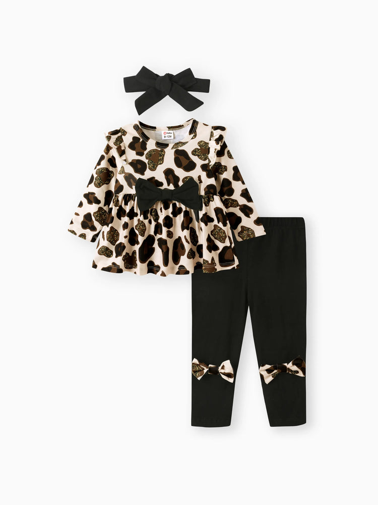 Baby Mädchen Kleidung 3pcs Leopard Rüschen Top und Leggings mit Stirnband Set Aprikose