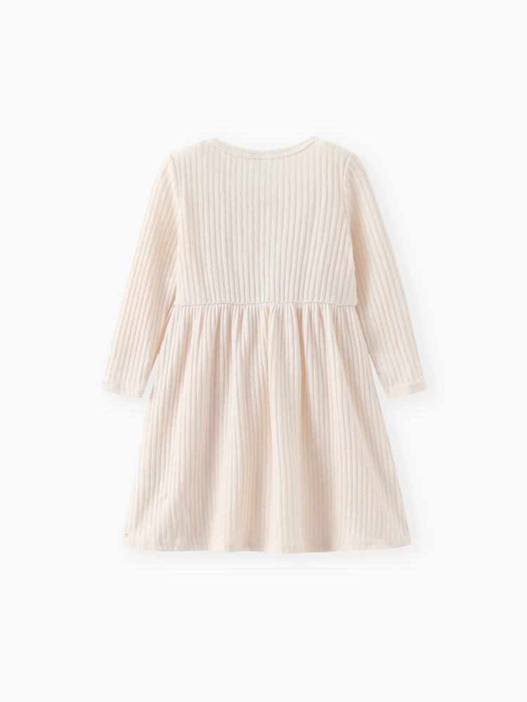 Toddler Girl Solid Color Button Design Ribbed Long-sleeve Dress Apricot