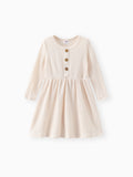 Toddler Girl Solid Color Button Design Ribbed Long-sleeve Dress Apricot