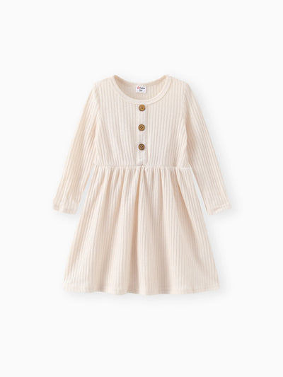 Toddler Girl Solid Color Button Design Ribbed Long-sleeve Dress Apricot