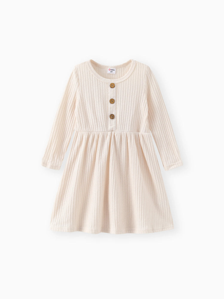 Toddler Girl Solid Color Button Design Ribbed Long-sleeve Dress Apricot