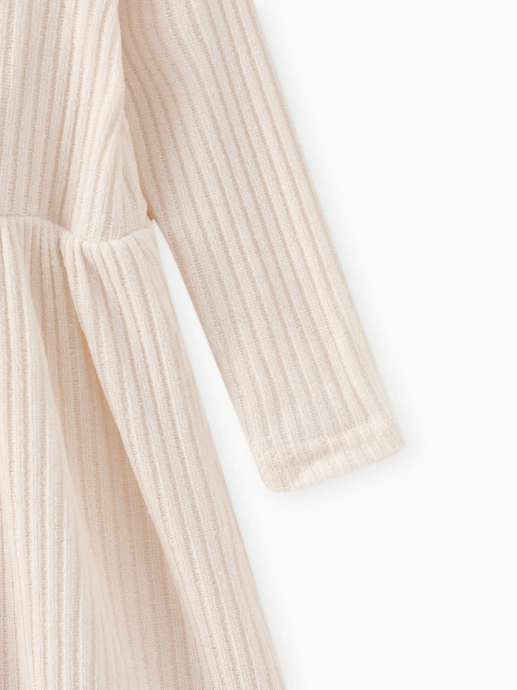 Toddler Girl Solid Color Button Design Ribbed Long-sleeve Dress Apricot