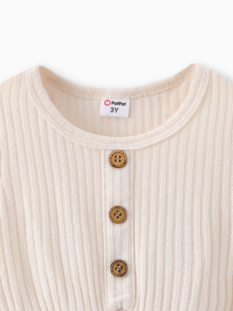 Toddler Girl Solid Color Button Design Ribbed Long-sleeve Dress Apricot