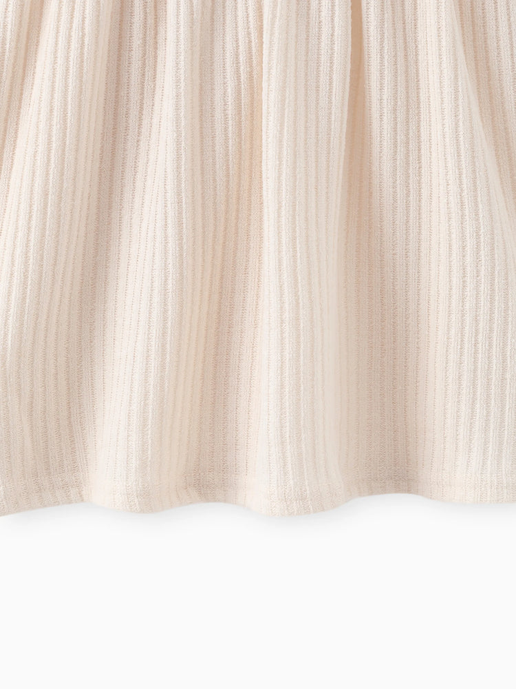 Toddler Girl Solid Color Button Design Ribbed Long-sleeve Dress Apricot