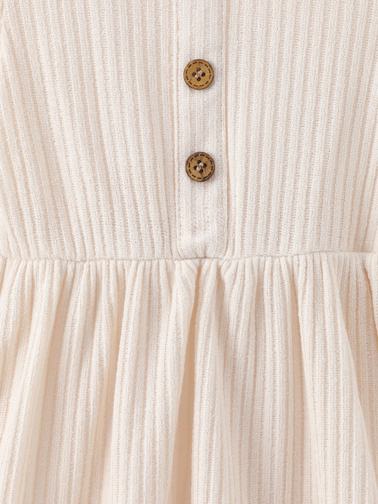 Toddler Girl Solid Color Button Design Ribbed Long-sleeve Dress Apricot