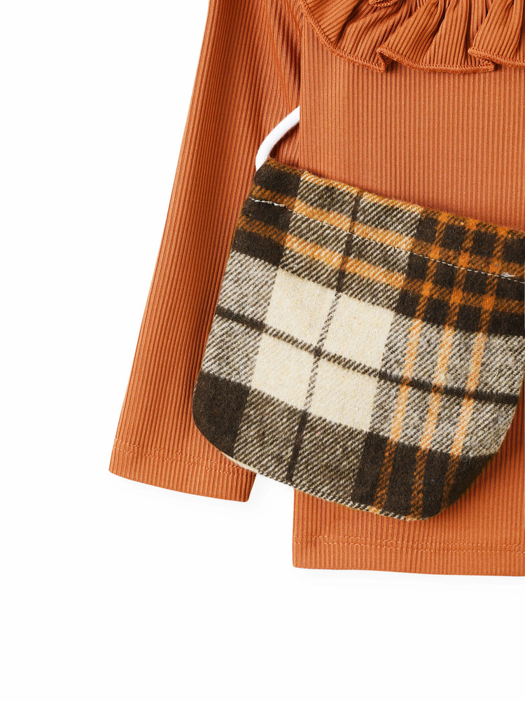 3PCS Toddler Girl Grid/Houndstooth Avant-Garde Ruffle Edge Sets Brown