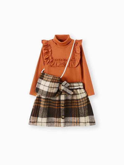 Ensemble 3 pièces pour petite fille, motif quadrillé/pied-de-poule, à volants, style avant-gardiste, marron