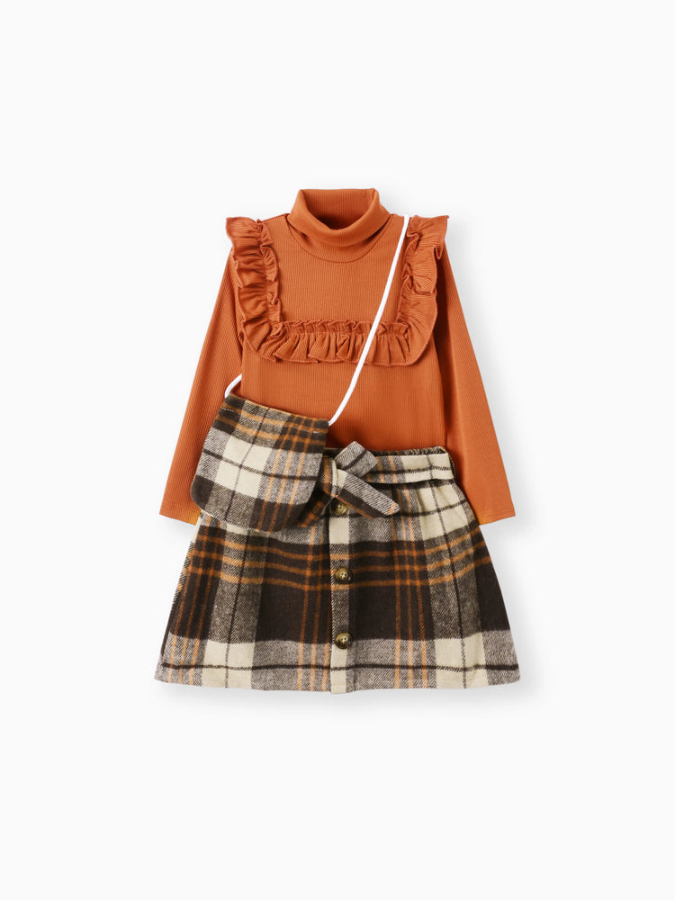  3PCS Kleinkind Mädchen Gitter / Hahnentritt Avantgarde Rüschen Rand Sets braun