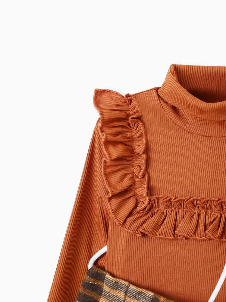 3PCS Toddler Girl Grid/Houndstooth Avant-Garde Ruffle Edge Sets Brown