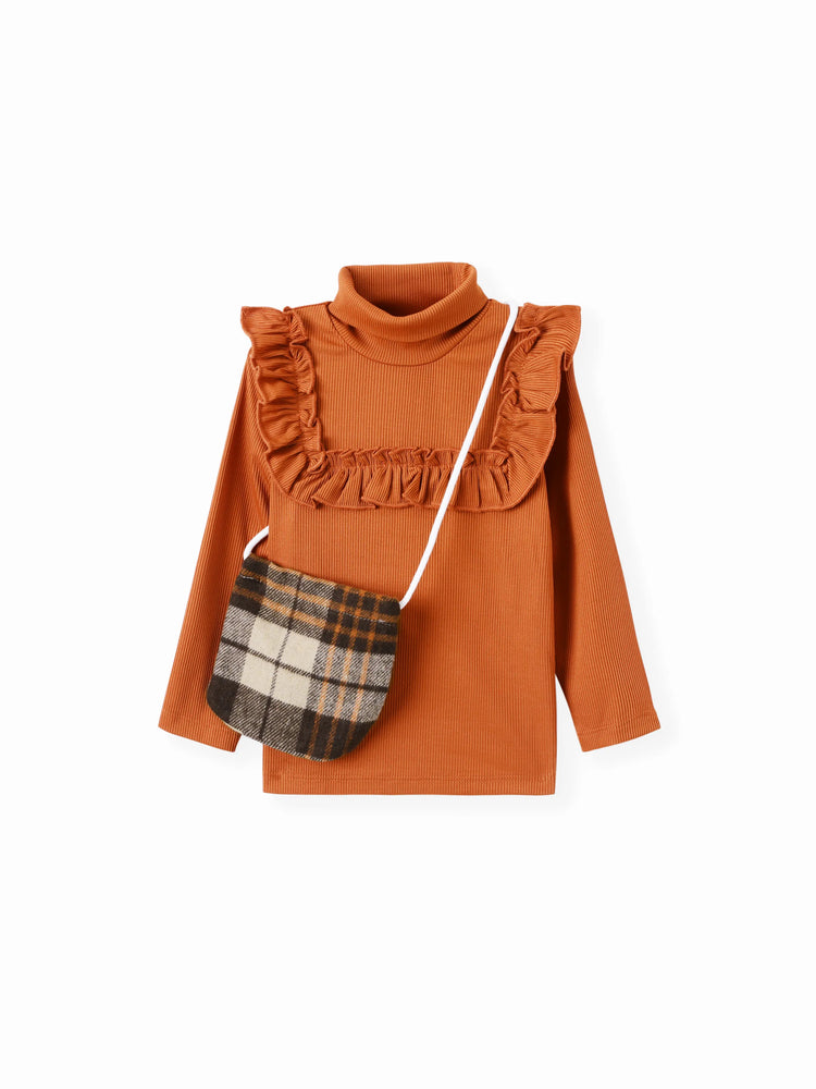 3PCS Toddler Girl Grid/Houndstooth Avant-Garde Ruffle Edge Sets Brown