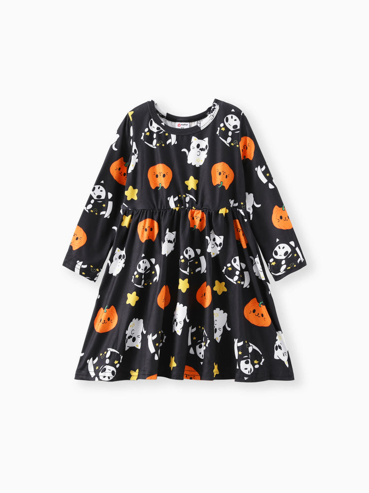 Langarmkleid mit Halloween-Geisterdruck für Kleinkinder schwarz