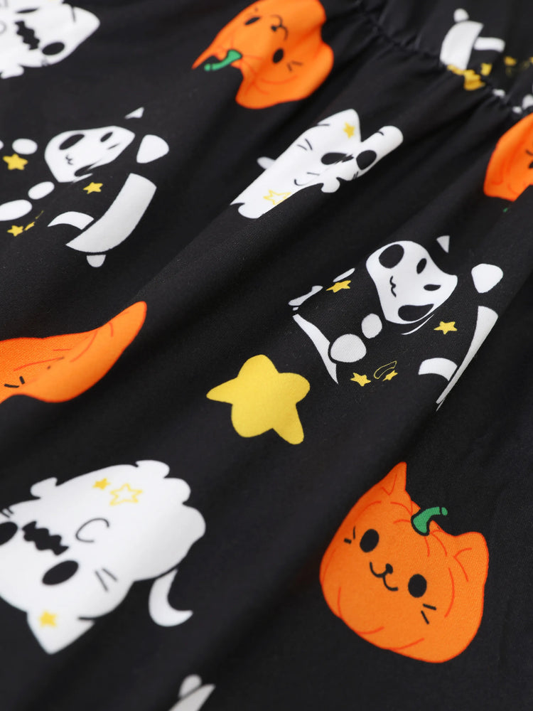 Langarmkleid mit Halloween-Geisterdruck für Kleinkinder schwarz