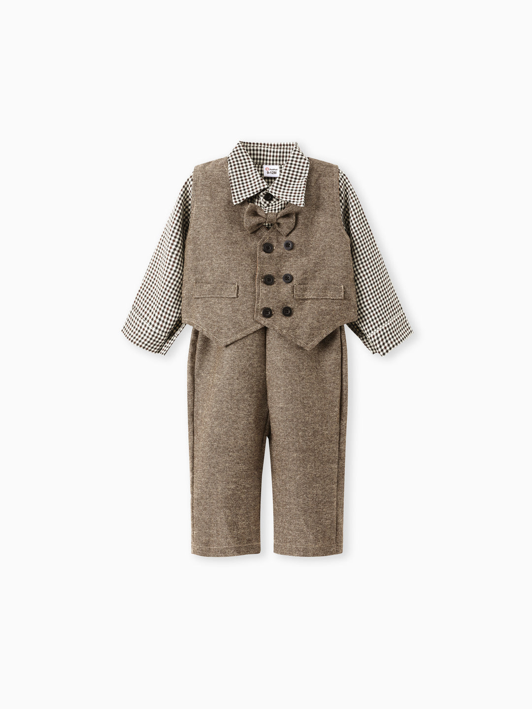 Conjunto de 3 piezas de camisa elegante de rejilla/pata de gallo para bebé niño, manga larga, marrón