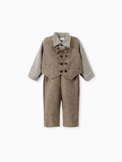 Ensemble 3 pièces pour bébé garçon, élégant, à carreaux/pied-de-poule, col chemise et manches longues, marron