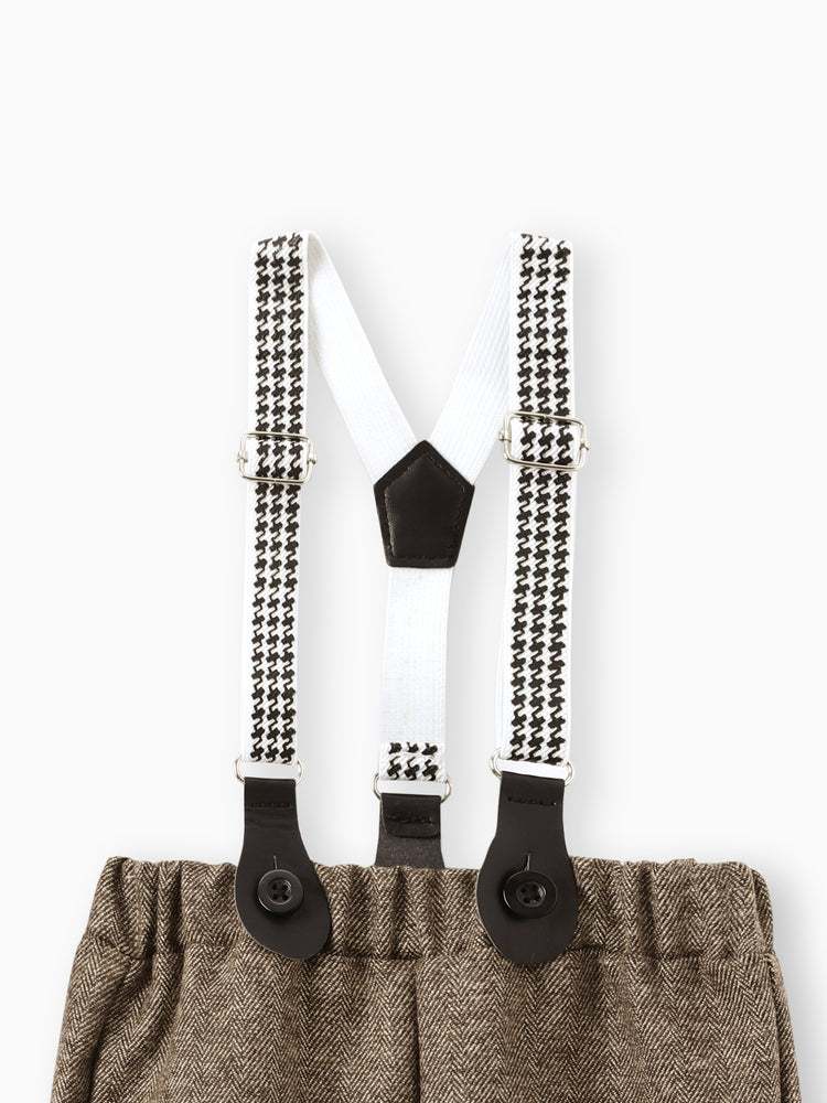 3PCS Baby Boy Elegant Grid/Houndstooth Shirt Collar Long Sleeve Set Brown