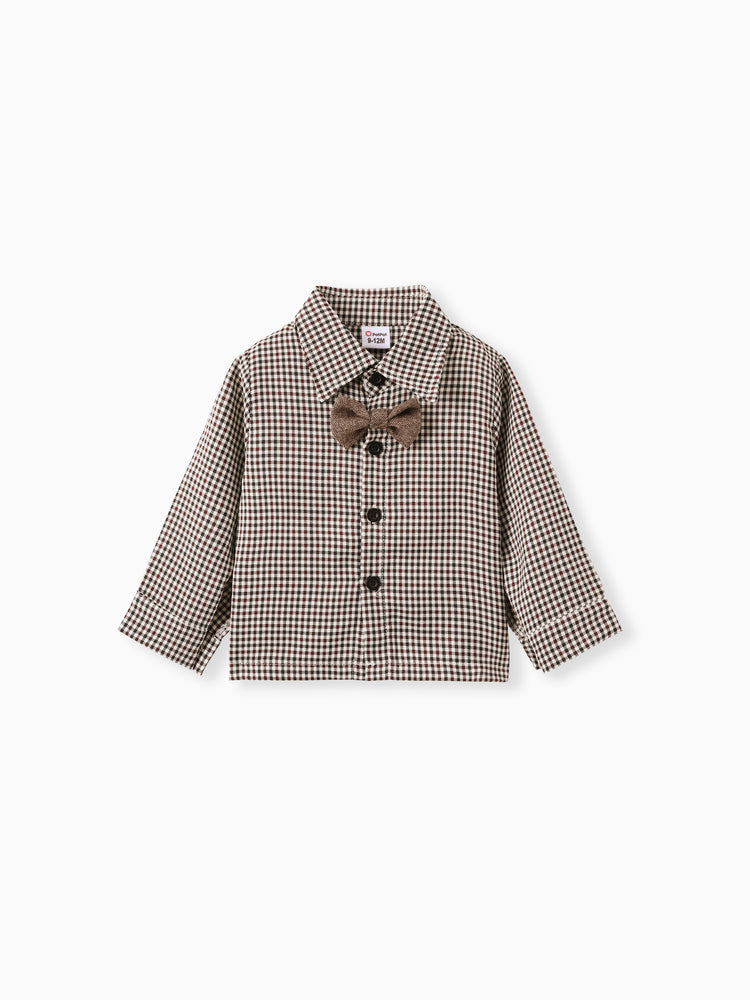 3PCS Baby Boy Elegant Grid/Houndstooth Shirt Collar Long Sleeve Set Brown