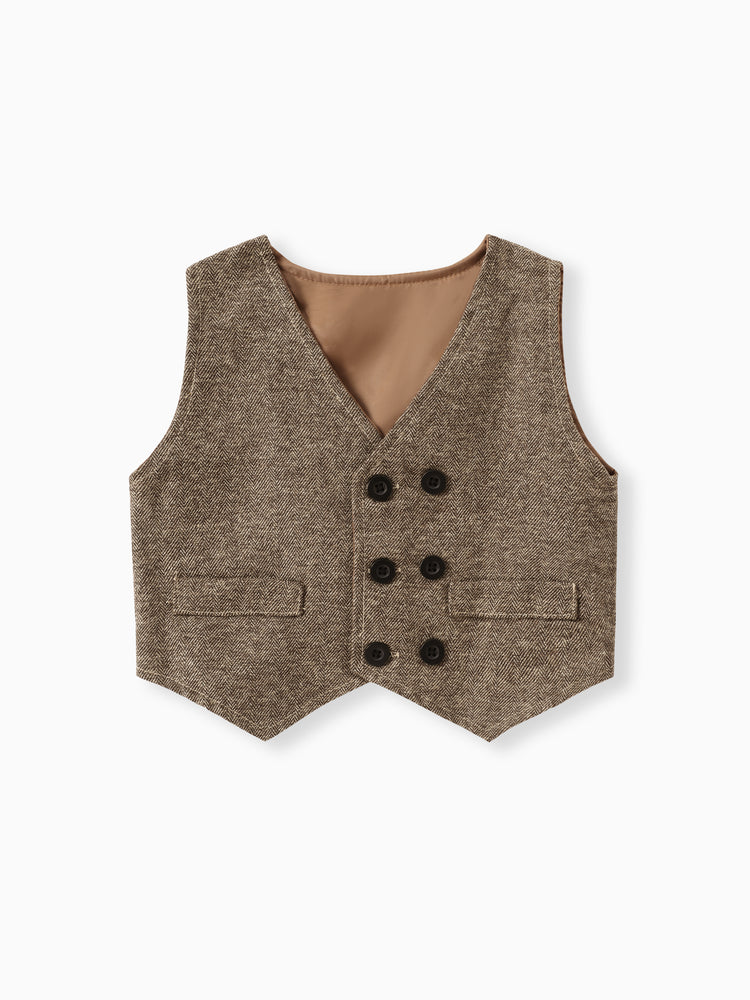 3PCS Baby Boy Elegant Grid/Houndstooth Shirt Collar Long Sleeve Set Brown