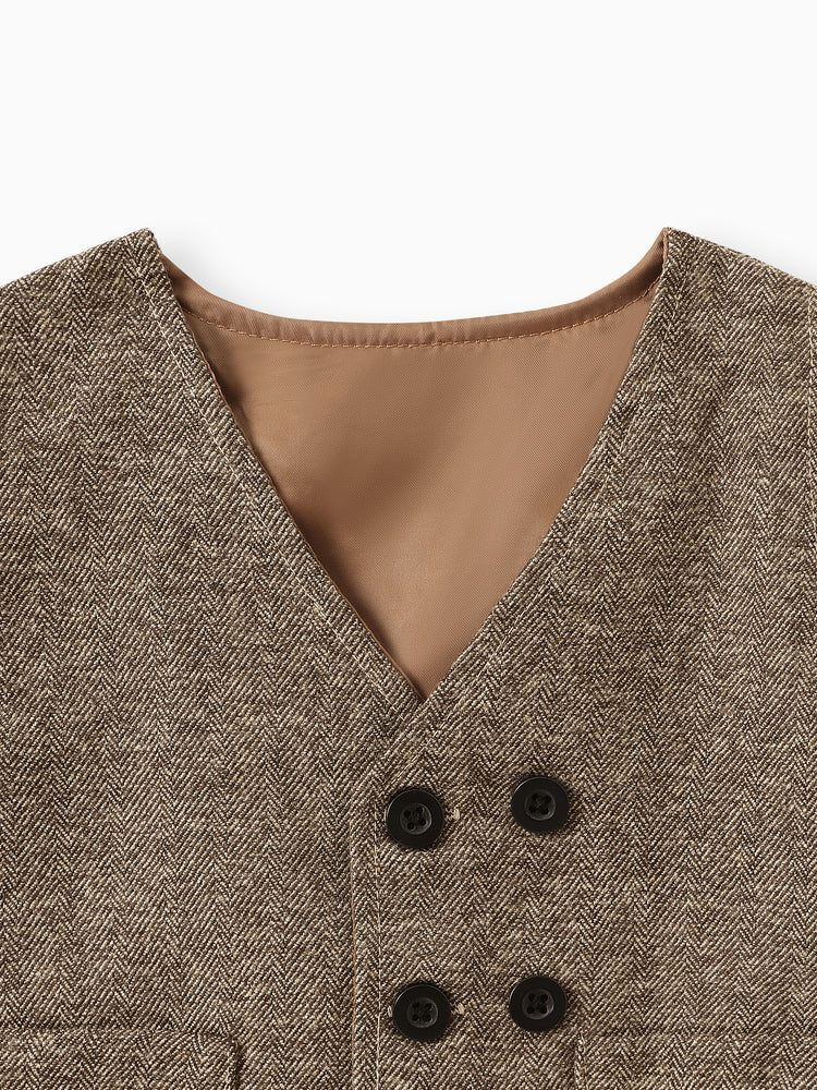 3PCS Baby Boy Elegant Grid/Houndstooth Shirt Collar Long Sleeve Set Brown